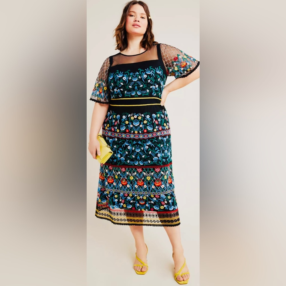 Anthropologie Plus Size Elaborate Floral & Trellis Embroidered Esther Midi Dress